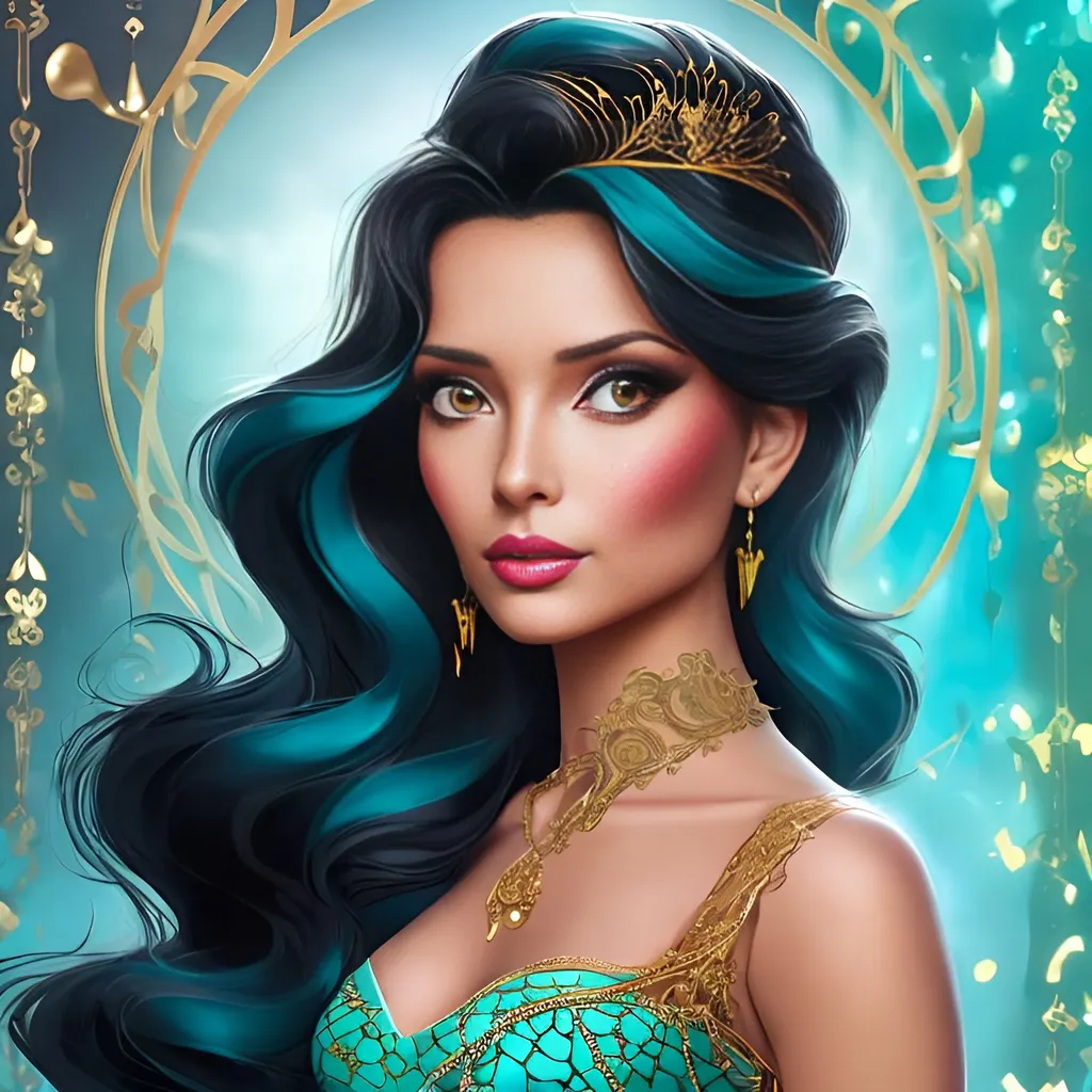 Prompt: ai realistic beautiful disney princess jasmine with dark black hair out and curled with a gold turquoise crown and turquoise stylish modern dress
