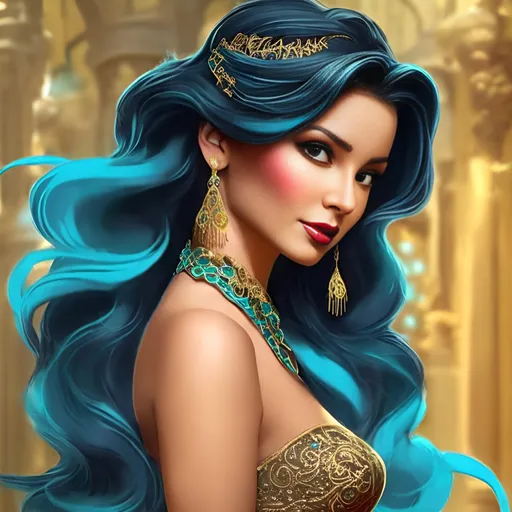Prompt: ai realistic beautiful disney princess jasmine with dark black hair out and curled with a gold turquoise crown and turquoise stylish modern dress
