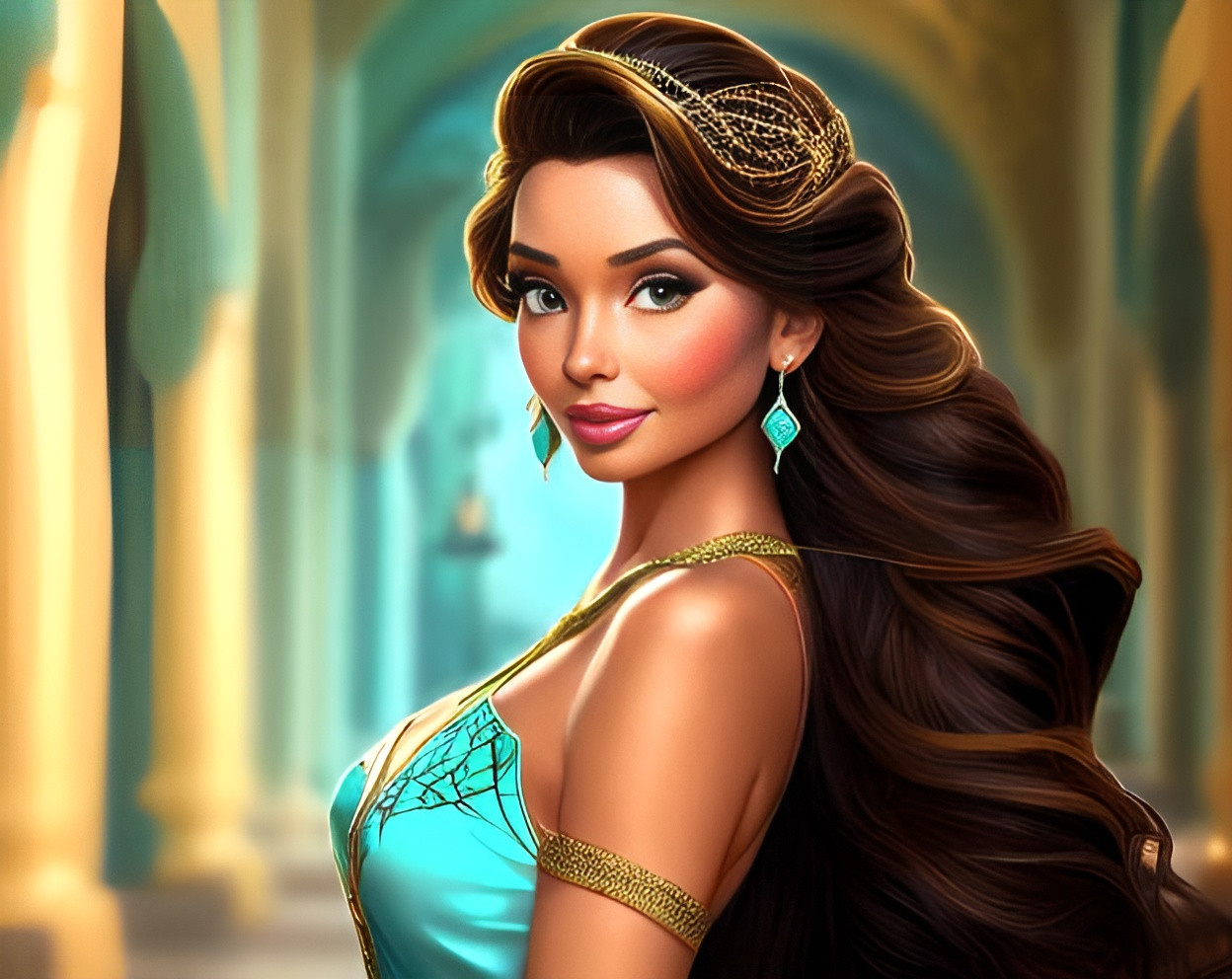 Prompt: ai realistic beautiful disney princess jasmine with hair out and curled with a gold turquoise crown and turquoise stylish modern dress
