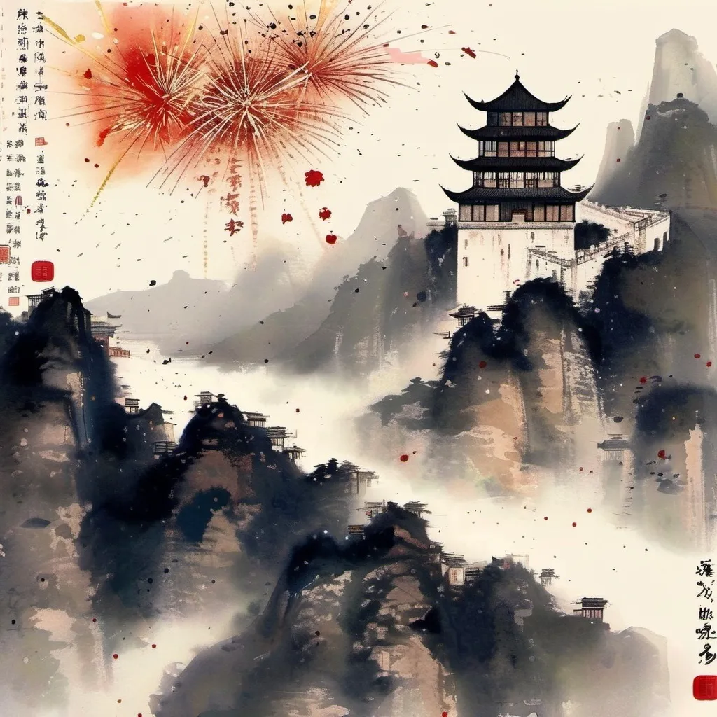 Prompt: ink-painting, a detailed Chinese castle embedded in a mountain underneath a night sky filled with fireworks, Chinese style,
