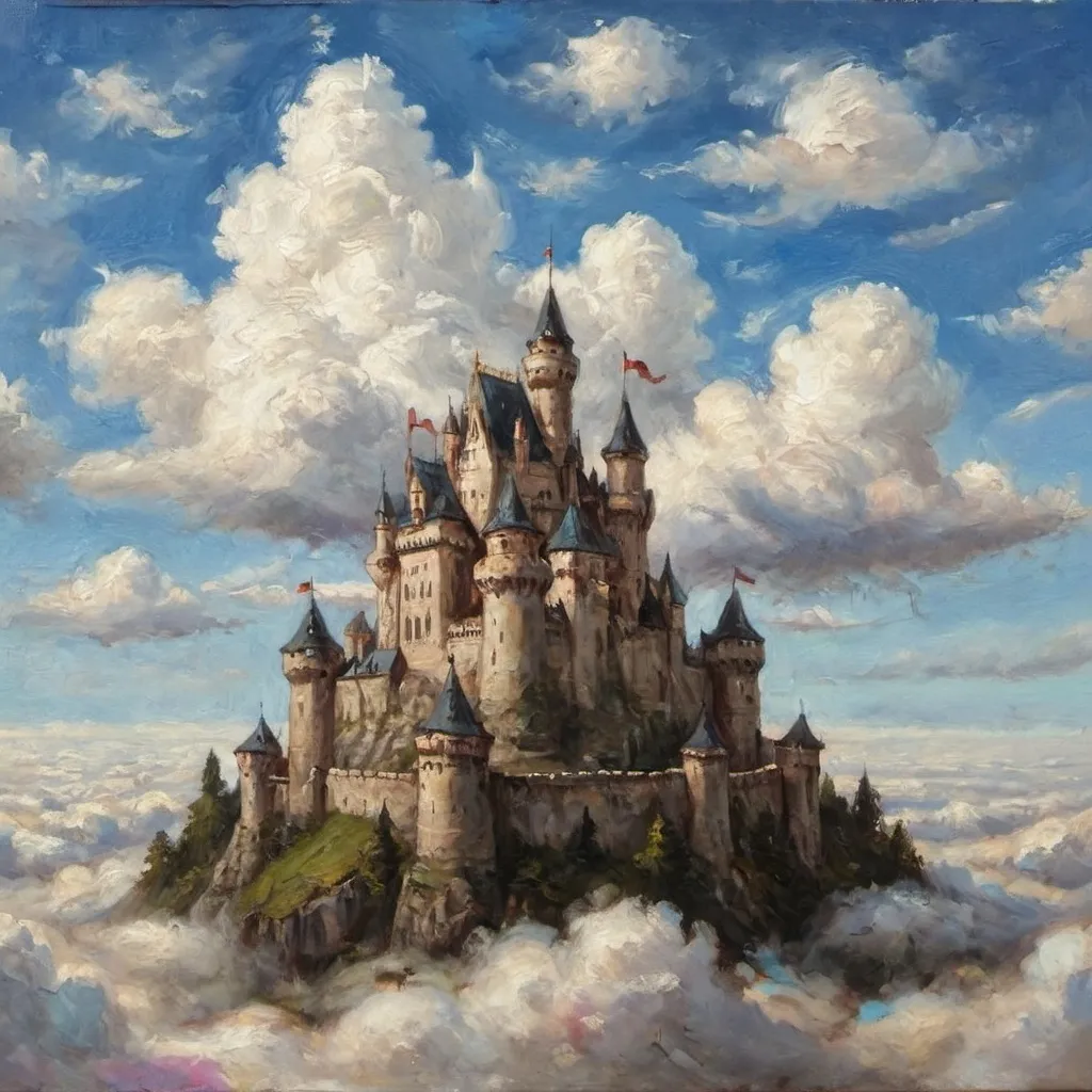 Prompt: A castle sitting atop of clouds in the sky.