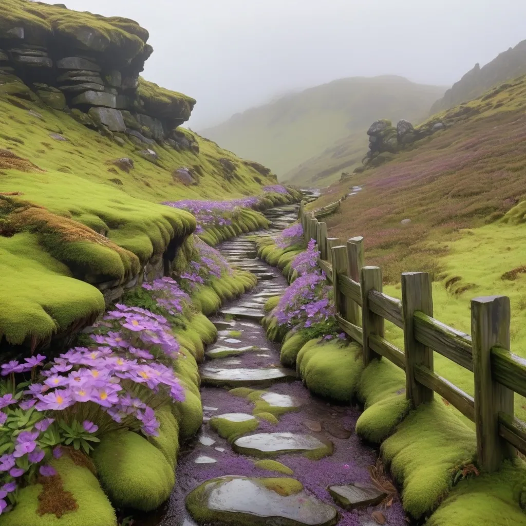 Prompt: A rocky, mossy, landscape dotted with patches of purple flowers with a mossy, stony road with a wooden fence and slick with heavy rain