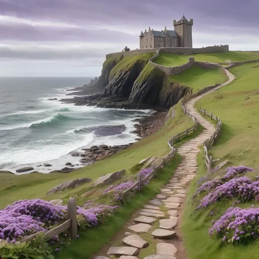 Prompt: A rocky, grassy, landscape dotted with  patches of purple flowers with a stony road with a wooden fence leading to an elevated, distant, Celtic castle with large waves crashing along the cliffside bottom