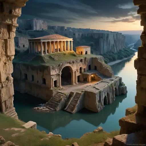 Prompt: An underground landscape of an expansive dimly lit, Greco-Roman ruin embedded in a cliffside overlooking a wide river. 
