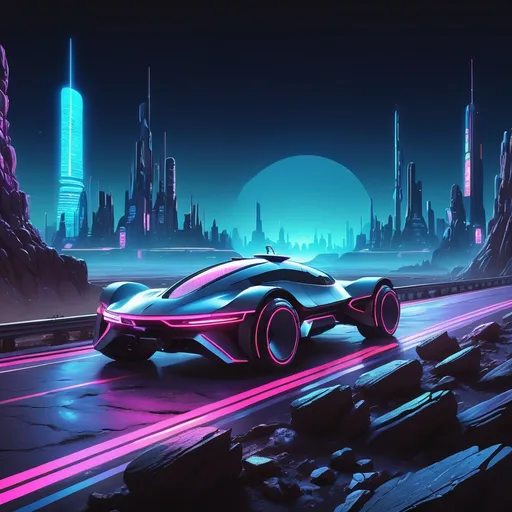 Prompt: A rocky, desert, landscape featuring a futuristic car driving on a highway parallel to a distant futuristic city of diverse buildings and shades of neon sitting atop a rocky cliff, Anime cyberpunk style, highly detailed, HD, dark background