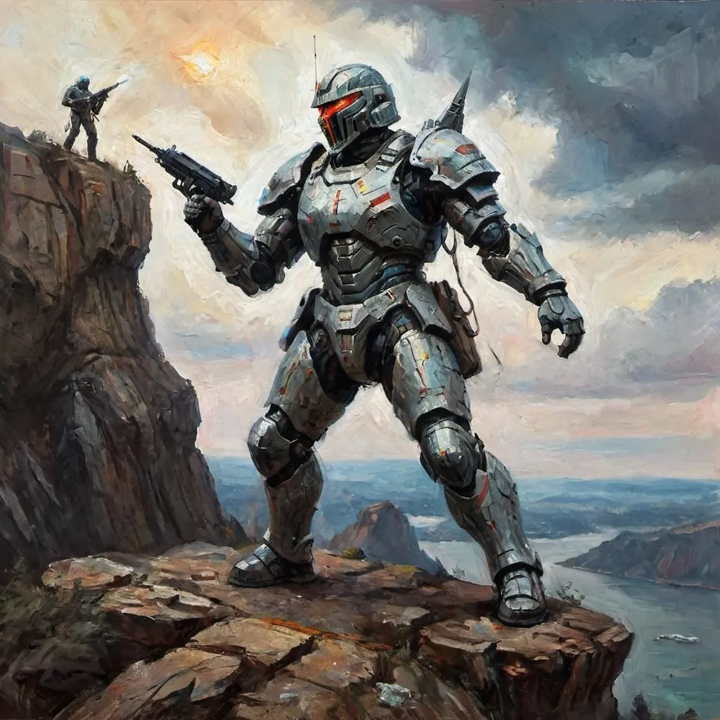 Prompt: a futuristic armored soldier roaring atop a cliff. mute, dark, colors.