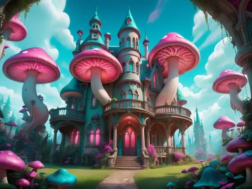 Prompt: A whimsical, fantastical scene unfolds in a vibrant landscape dominated by towering, oversized mushrooms, their caps glowing with vivid pink hues and contrasting against the cool turquoise sky. At the center lies an elaborate, gothic-style mansion adorned with ornate architecture and large, arched windows that emit a warm, inviting glow, hinting at life within. The environment is lush and overgrown, with delicate vines and colorful flora weaving around the stairs leading up to the entrance, creating a sense of enchanting mystery. This surreal setting suggests a narrative ripe with magic and wonder, inviting viewers to imagine the stories that might unfold in such a vibrant, otherworldly space. The overall composition, rich in detail and color, captivates the imagination, making the scene feel both inviting and extraordinary.