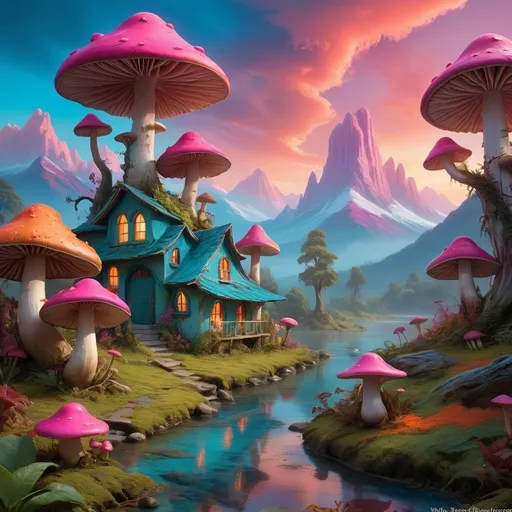 Prompt: In a fantastical landscape, towering mushrooms with vibrant pink caps rise like trees, their stems entwined with lush greenery, creating a whimsical atmosphere. A charming, multi-storied house with a vivid blue facade and a striking magenta roof nestles at the edge of a tranquil, turquoise river, its warm lights glowing invitingly against the cool colors of the surrounding environment. Exotic plants in fiery oranges and cool blues pepper the foreground, while majestic mountains loom in the background, bathed in a surreal blend of twilight hues. Overhead, a distant planet casts a soft glow, enhancing the dreamlike quality of this enchanting scene that feels both otherworldly and serene. The overall composition evokes a sense of wonder and magic, transporting viewers to a realm untouched by ordinary life.