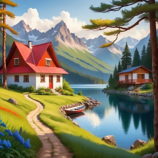 Prompt: Nestled amid towering mountains, a charming white cottage with a bright red roof sits along a gentle, winding path leading to a serene lake, its surface mirroring the surrounding landscape. Lush greenery and vibrant blue flowers border the walkway, creating a tranquil atmosphere that contrasts beautifully with the sharp, jagged peaks in the background. Across the water, a modern wooden cabin with large windows stands elevated on stilts, showcasing a blend of traditional and contemporary architecture. The scene, bathed in soft sunlight under a partly cloudy sky, radiates peacefulness and invites exploration within this idyllic, nature-filled setting.