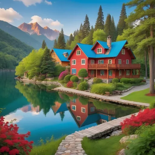 Prompt: Nestled amidst a serene landscape, a charming village comes alive with colorful houses dotted along meandering pathways, each adorned with vibrant red and blue roofs. Lush greenery and tall pine trees envelop the scene, leading down to a tranquil lake that mirrors the majestic mountains in the background. Across the water, a cozy wooden cabin rests beside a small dock, while an enchanting castle perched atop a rocky hill adds a fairy-tale element to the vista. The bright, cheerful colors of the houses contrast beautifully with the deep blues of the lake and the vibrant greens of the surroundings, creating a captivating atmosphere that radiates peace and idyllic charm.
