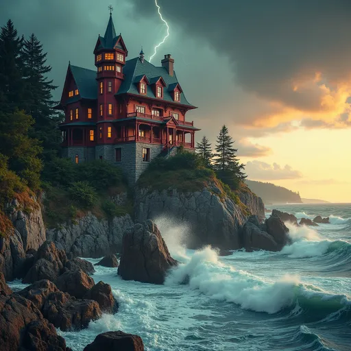 Prompt: Perched dramatically on the edge of rugged cliffs, a striking vintage mansion with pointed turrets and vibrant red siding overlooks tumultuous waters. Dark storm clouds loom overhead, lit occasionally by brilliant flashes of lightning, while a soft, golden sunset creates a stark contrast against the brooding sky. Waves crash against the multicolored rock formations, sending sprays of white foam into the air, adding a sense of motion to the otherwise still scene. The composition highlights the mansion's architectural charm as it blends harmoniously with the dramatic landscape, evoking a mood of mystery and foreboding. Rich colors and stylized forms contribute to a captivating and almost dreamlike atmosphere that suggests a story waiting to unfold.