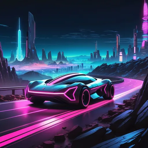 Prompt: A rocky, desert, landscape featuring a futuristic car driving on a highway parallel to a distant futuristic city of diverse buildings and shades of neon sitting atop a rocky cliff, Anime cyberpunk style, highly detailed, HD, dark background