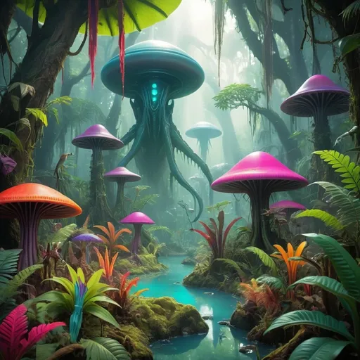 Prompt: An alien jungle world with vibrant bright colors with diverse fauna