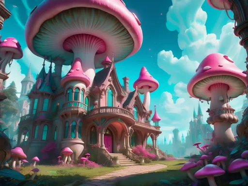 Prompt: A whimsical, fantastical scene unfolds in a vibrant landscape dominated by towering, oversized mushrooms, their caps glowing with vivid pink hues and contrasting against the cool turquoise sky. At the center lies an elaborate, gothic-style mansion adorned with ornate architecture and large, arched windows that emit a warm, inviting glow, hinting at life within. The environment is lush and overgrown, with delicate vines and colorful flora weaving around the stairs leading up to the entrance, creating a sense of enchanting mystery. This surreal setting suggests a narrative ripe with magic and wonder, inviting viewers to imagine the stories that might unfold in such a vibrant, otherworldly space. The overall composition, rich in detail and color, captivates the imagination, making the scene feel both inviting and extraordinary.