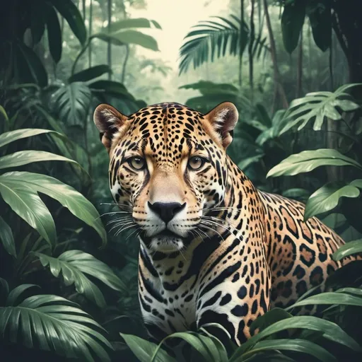 Prompt: a jaguar in the jungle in retro style