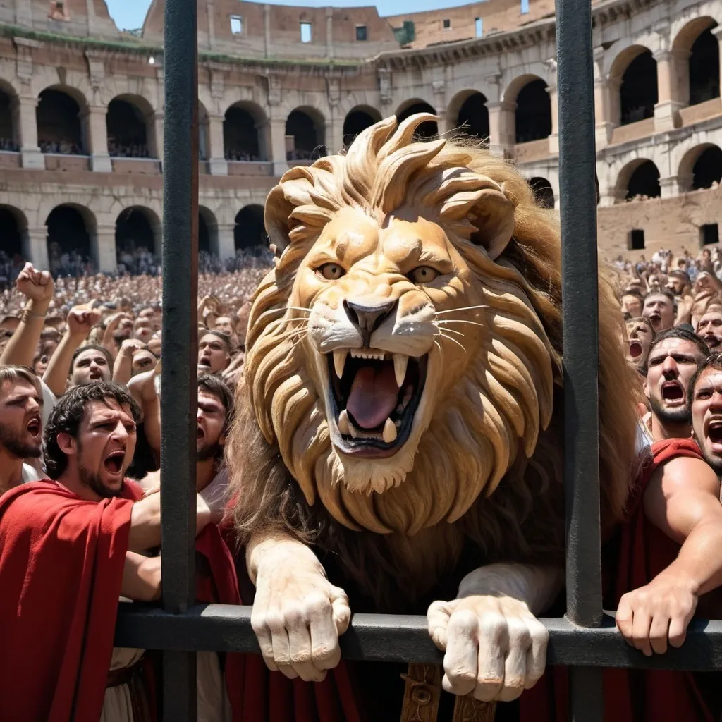 Prompt: In ancient Rome's Republic, a ferocious, caged, lion that looks like Donald Trump is roaring ' at a crowd of bewildered Romans. Caption to read 'Just one vote my beautiful Christians!'