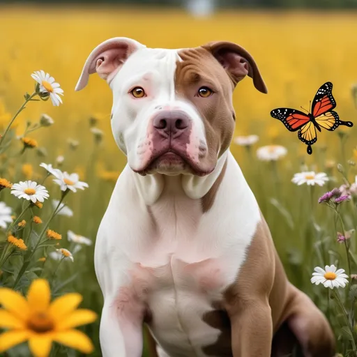 Prompt: A pitbull with a big head half brown half white, with a brown tail, in a field with flowers, the dog has butterfly on is nose, make a cute dog

