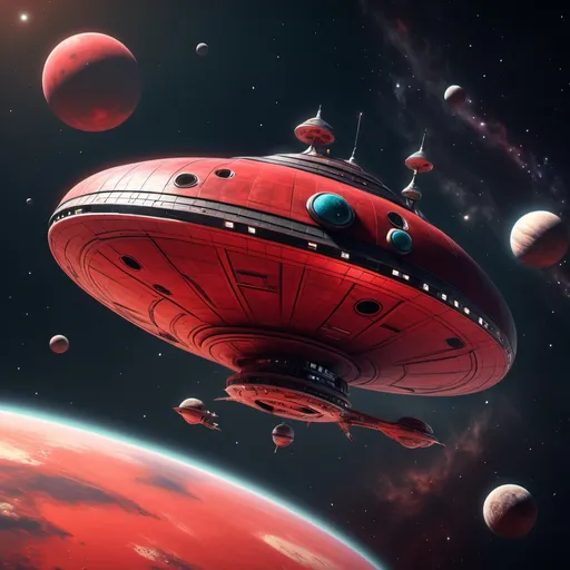 Prompt: a spaceship very old fashioned but not human flies to the sky towards the gaalxy with a red big planet
 