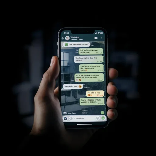 Prompt: A realistic human hand holding a smartphone in the center of the image. The phone screen is on, showing a WhatsApp chat interface with green and white message bubbles. The left and right edges of the image are softly blurred and fade into black. The background is a modern office setting, slightly out of focus to emphasize the hand and phone. The lighting is cinematic, professional, with high contrast and depth of field. The image is centered, dark vignette on the sides, 4K resolution.