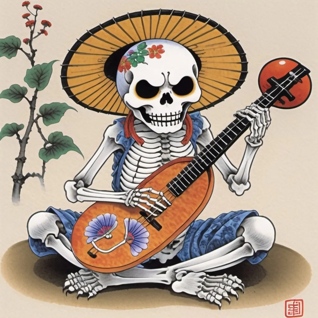 Prompt: traditional Japanese skeleton playing a banjo sitting on a mushroom