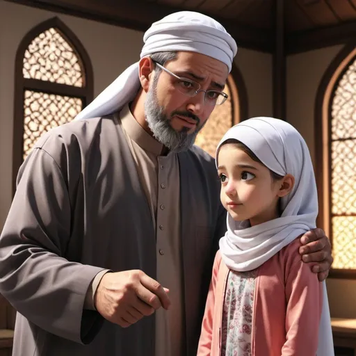 Prompt: A father and his little daughter, who is 10 years old, stand in front of her father, who gives her some advice. The father and daughter are wearing the hijab and he explains to them the Islamic atmosphere and they look at the camera. They are in the picture only. The picture is 3D. Anime. I want a description of the picture.
