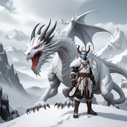 Prompt: White tribal Tiefling standing beside white dragon on snowy mountain