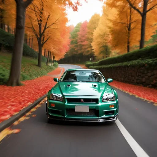 Prompt: Jade green Nissan R34 GTR driving down a picturesque autumn alley, vibrant fall foliage, high quality, realistic, cinematic, dynamic motion blur, detailed car design, iconic skyline silhouette, atmospheric lighting, nostalgic, scenic drive, autumn colors, vibrant foliage, cinematic, high quality, realistic, dynamic motion blur, iconic skyline, atmospheric lighting
