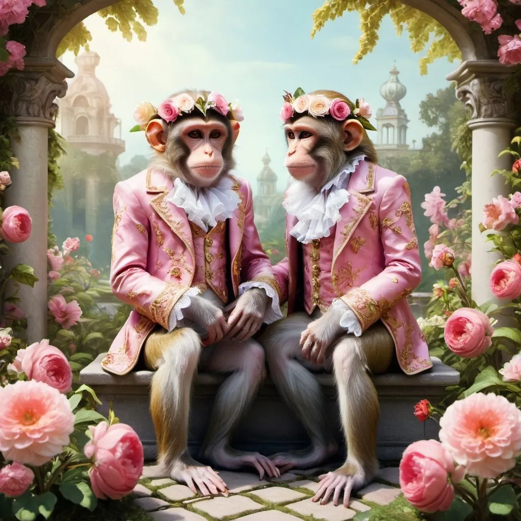 Prompt: a couple of monkeys in love, with rococo clothes in a fantasy garden with a lot flowers