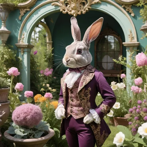 Prompt: a rabbit in a fantasy garden with victorian rococo clothes