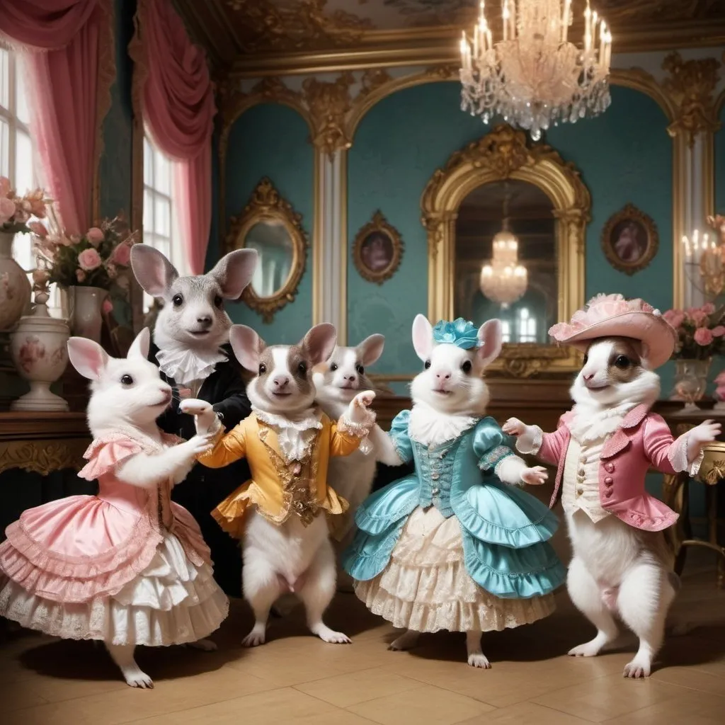 Prompt: animals cute in a DANCING party with rococo victorian clothes in a rococo  cristal castle