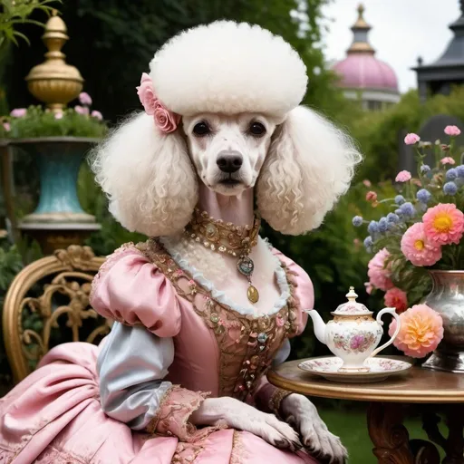 Prompt: a poodle queen in a fantasy garden with victorian rococo clothes and drink tea