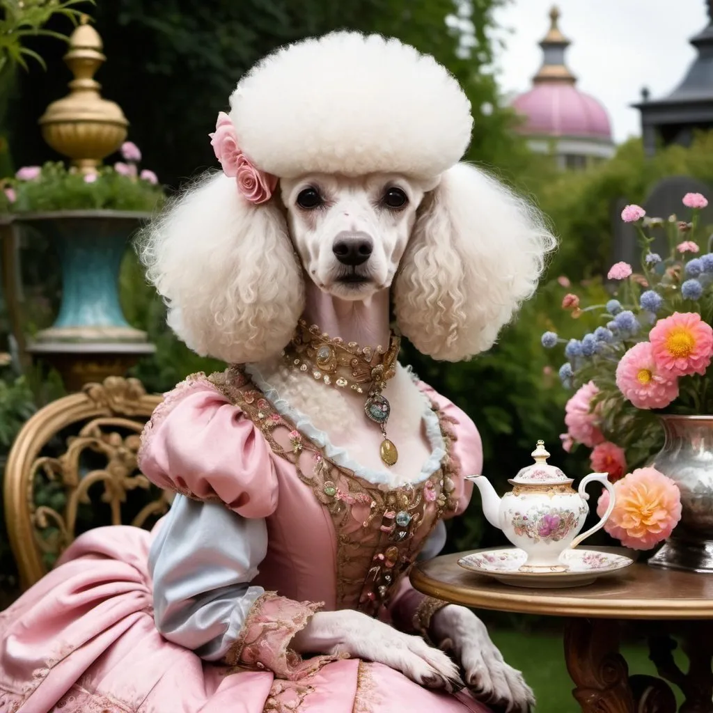 Prompt: a poodle queen in a fantasy garden with victorian rococo clothes and drink tea