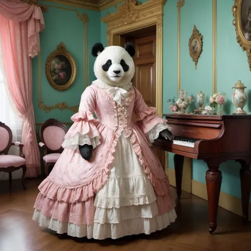 Prompt: panda bear with rococo victorian clothes in a romantic rococo room 