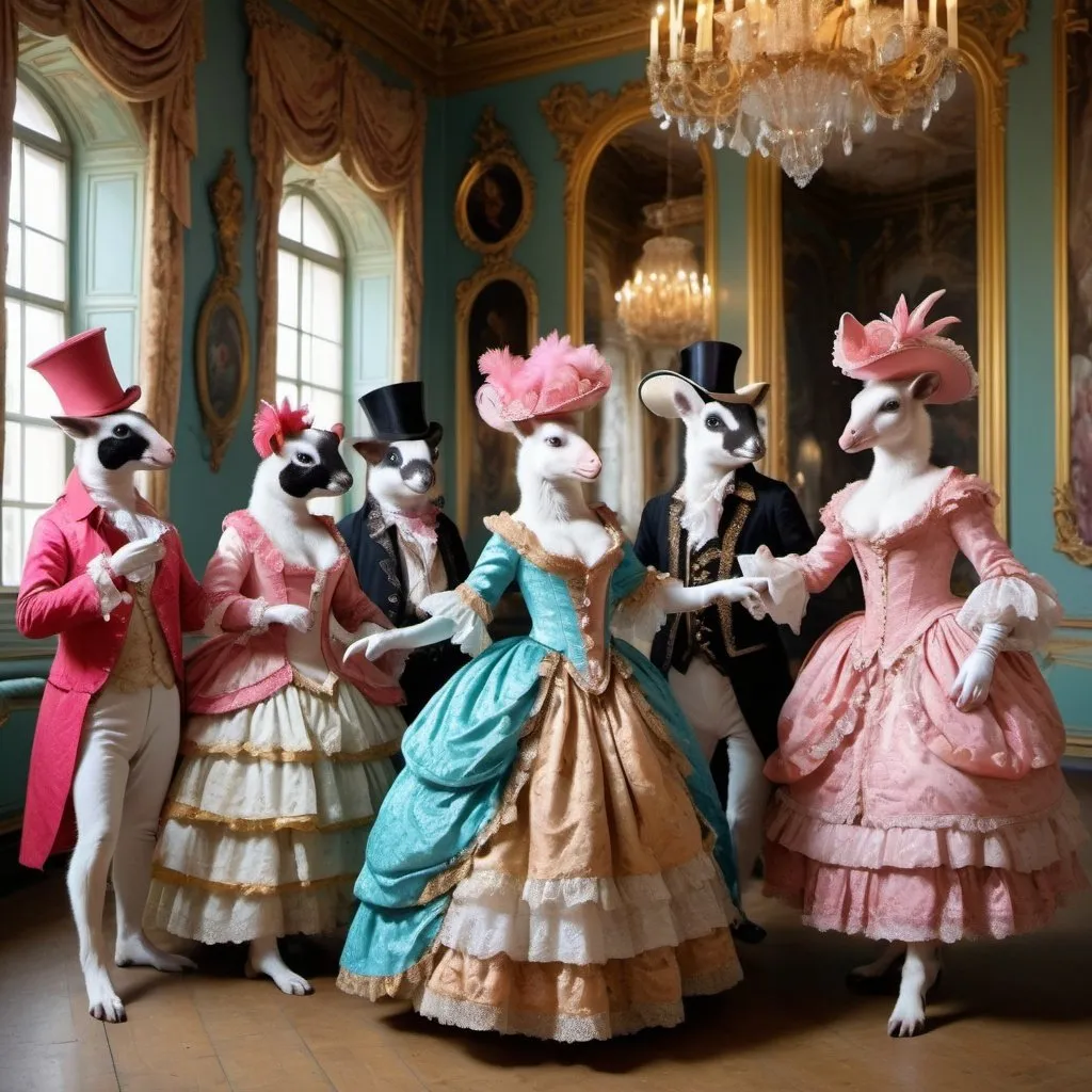 Prompt: exotic animals in a DANCING party with rococo victorian clothes in a rococo parisin castle