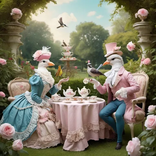 Prompt: birds with rococo victorian clothes in a romantic garden in a tea party