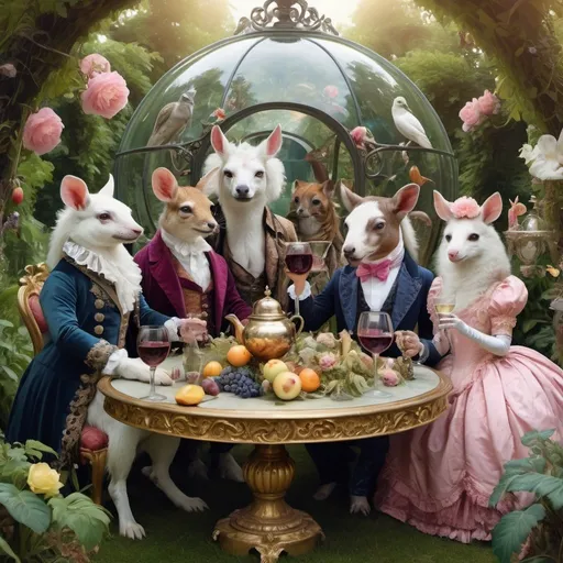 Prompt: animals in a ball in a fantasy garden with victorian rococo clothes and drink wine