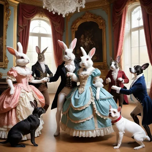 Prompt: rabbit, dogs an cats humanoides in a DANCING party with rococo victorian clothes in a  cristal castle