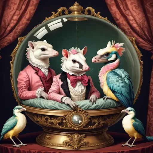 Prompt: exotic animals in a ball with rococo victorian clothes in old style illustration