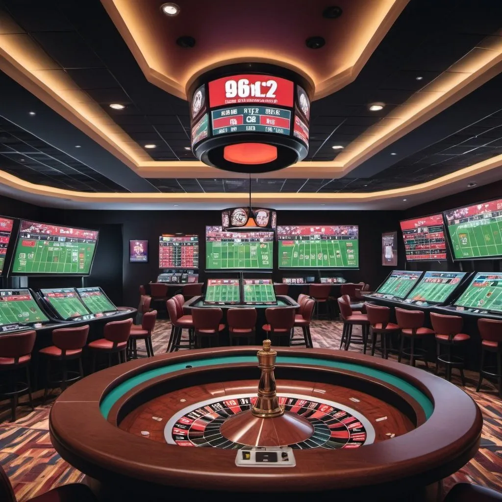 Prompt: The game is a fusion of sports box pools and roulette, where players place bets on the last digit/outcome of each team's score for each quarter of a sports game. The betting occurs both pre-game and in-game with dynamic odds, offering an engaging and immersive experience