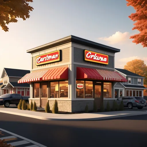 Prompt: Create an image of a fast food restaurant with a craftsman architectural design, surrounded by a small suburban town based in the state of New Jersey. the sun is rising outside.