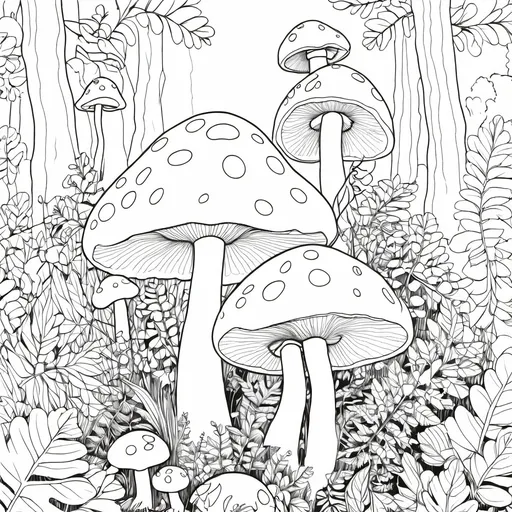 Prompt: Mushrooms in a forest surrounded by moss and ferns