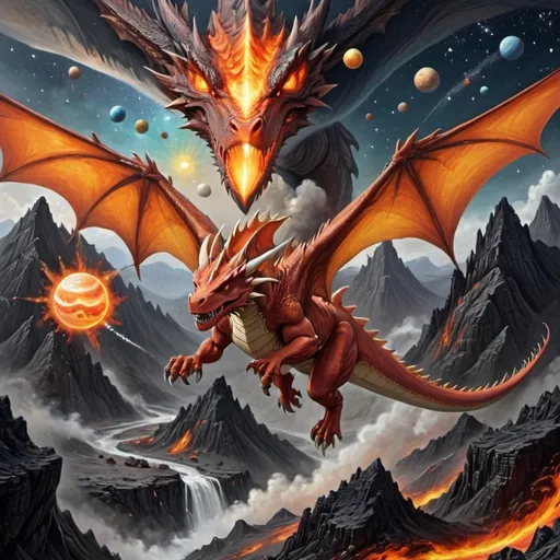Prompt: Dragon flying through volcanic mountains with solar system and stars above
