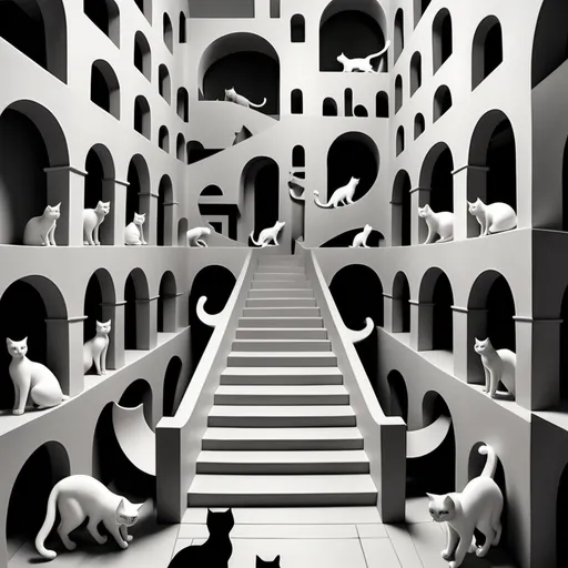 Prompt: Escher style stairs with infinite cats going up and down stairs through a labyrinth of arches