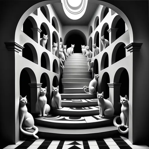 Prompt: Escher style stairs with infinite cats going up and down stairs through a labyrinth of arches