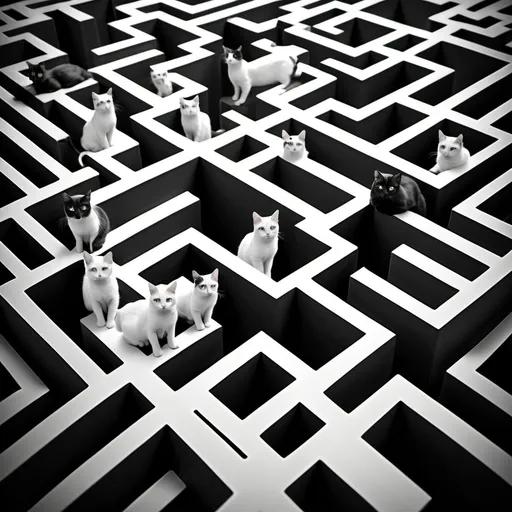 Prompt: Surrealism cats melting into black and white labyrinth maze in an infinite square.