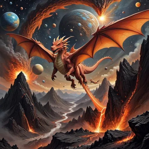 Prompt: Dragon flying through volcanic mountains with solar system and stars above
