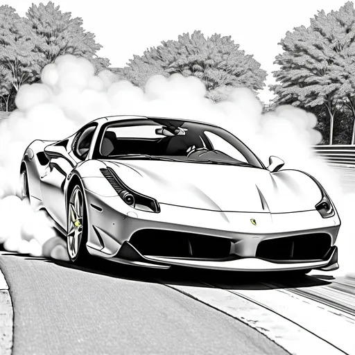 Prompt: Ferrari power sliding, drifting around a corner spraying smoke from the wheels 