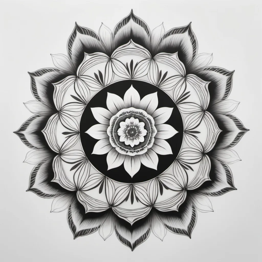 Prompt: Black and white mandala flower with petals becoming cats walking in a circle 