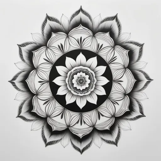 Prompt: Black and white mandala flower with petals becoming cats walking in a circle 