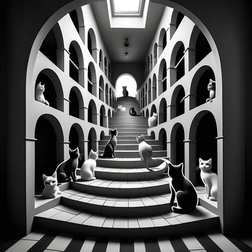 Prompt: Escher style stairs with infinite cats going up and down stairs through a labyrinth of arches